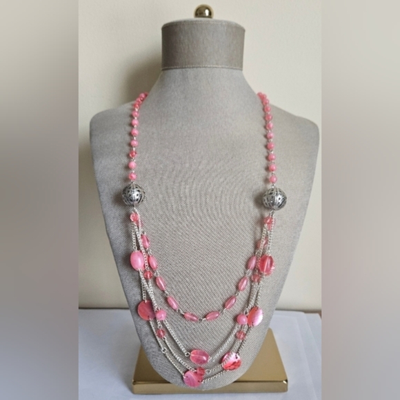 NWT 2 Piece Pink Beaded Multilayered 30" Necklace + Earrings Fashion Jewelry NEW - Picture 6 of 8